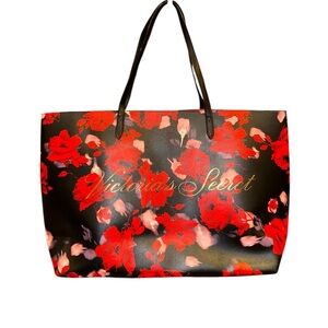 Victoria's Secret Red Floral Print and Gold Logo Sleek Glossy Everyday Tote Bag